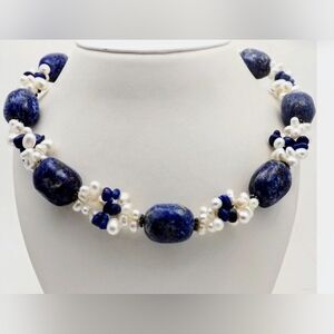 Sterling Lapis Lazuli Large Bead Freshwater Pearl Choker Necklace